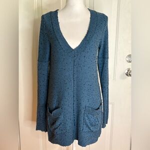 Free People Blue V-Neck Cotton & Wool Blend Sweater w/ Pockets size Small